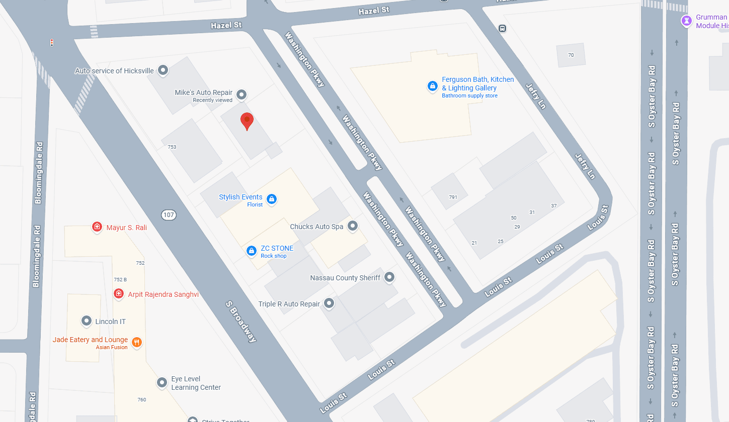 Map showing Mike's Auto Repair near Washington Pkwy in Hicksville, NY