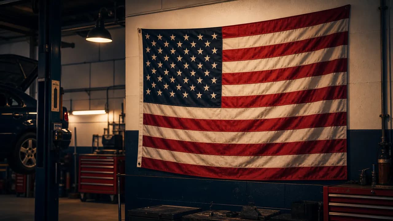 American flag hanging inside a local auto repair shop